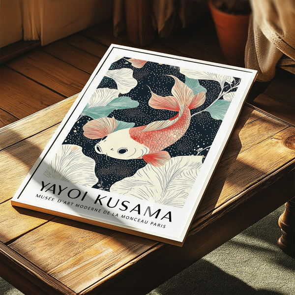 Quadro astratto con carpa koi caratterizzato da eleganti pinne e cielo notturno punteggiato.