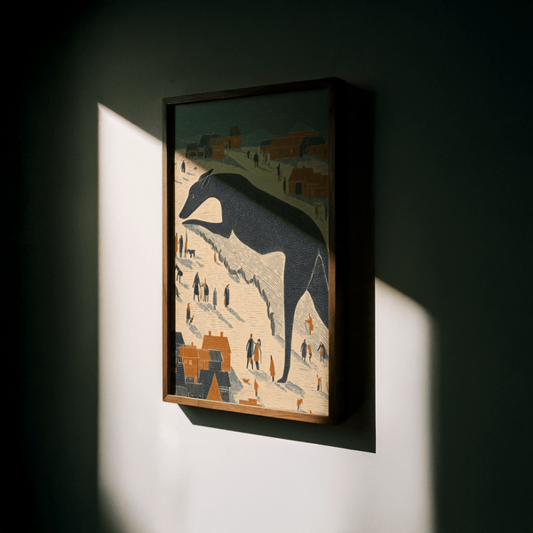 Stampa artistica con cane stravagante in blu, nero e bianco per decorare le pareti dell'ufficio