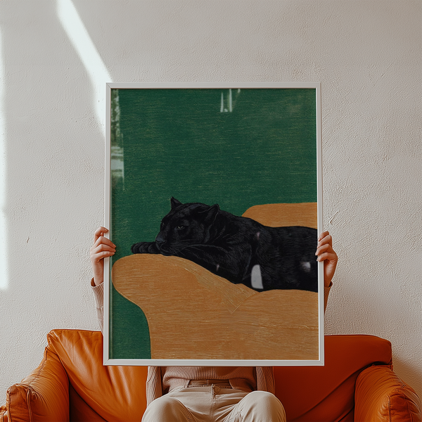 Big Cat Art Print featuring Orange couch, ideal for home office