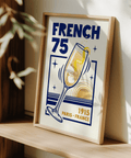 Stampa artistica French 75 in blu e giallo per decorare le pareti del soggiorno