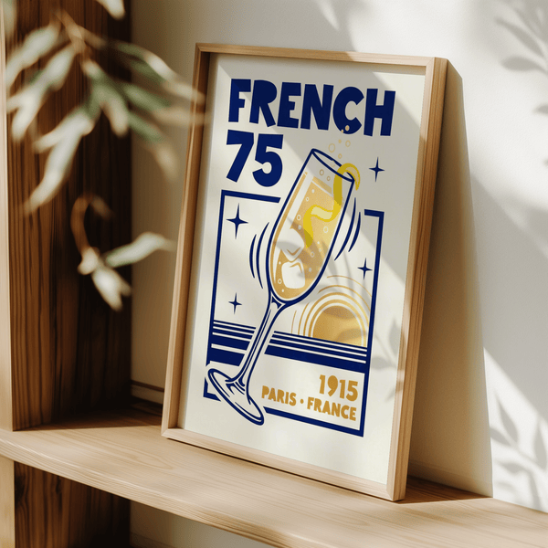 Stampa artistica French 75 in blu e giallo per decorare le pareti del soggiorno