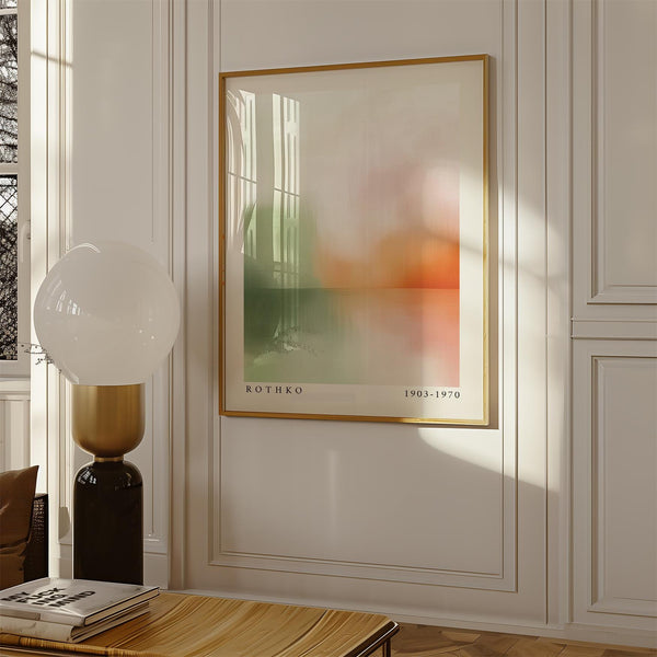 Abstract peaceful wall art with color fields in sage and peach.