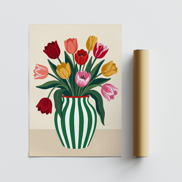 Stampa artistica con tulipani e dettagli gialli e verdi per decorare le pareti dell'ufficio