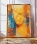 Blue and orange abstract art with golden yellow fields and painterly brush texture.