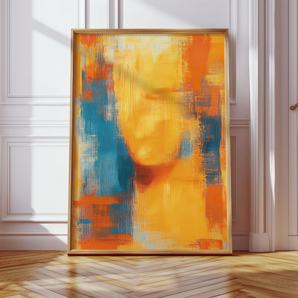 Blue and orange abstract art with golden yellow fields and painterly brush texture.