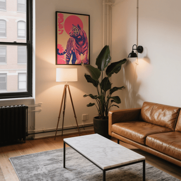 Colorata decorazione murale con tigre per sala da pranzo con dettagli in rosso acceso, stampa artistica