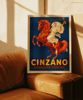 Stampa artistica Cinzano con sfondo blu e cavallo rosso per poster da bar domestico