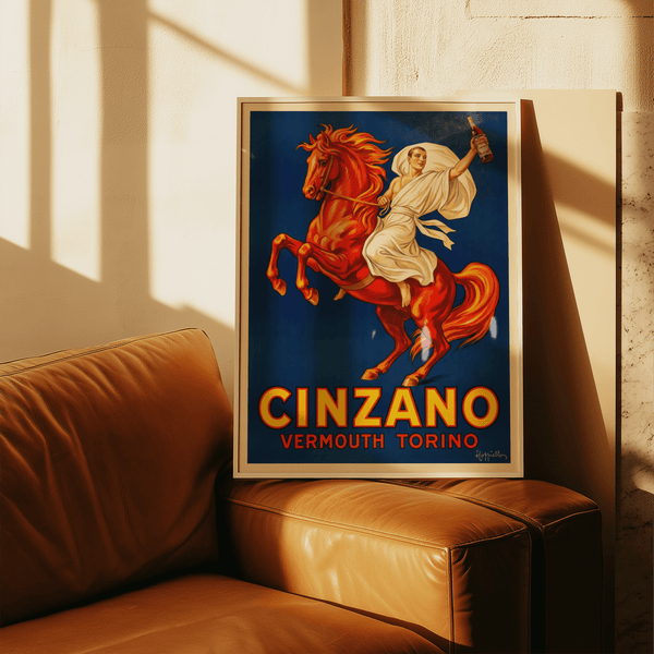 Stampa artistica Cinzano con sfondo blu e cavallo rosso per poster da bar domestico