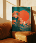 Japandi Waves Stampa artistica con blu e rosso per corridoio