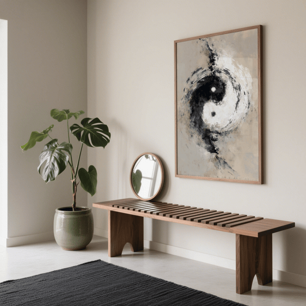 Ammirate l'arte della parete Yin Yang Art in beige, nero e bianco per un ufficio moderno.