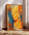 Warm-toned blue and orange abstract art with soft textures in a minimalist style.