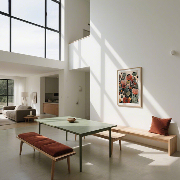 Quadro decorativo con stampa floreale stilizzata con papaveri color crema e fogliame grafico