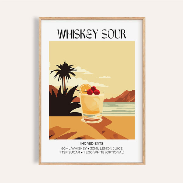 Arte da bar domestico con stampa raffigurante un cocktail Whiskey Sour