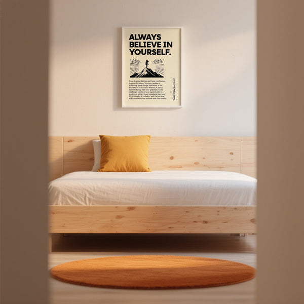 Poster minimalista e positivo con il messaggio incoraggiante "Credi sempre in te stesso".