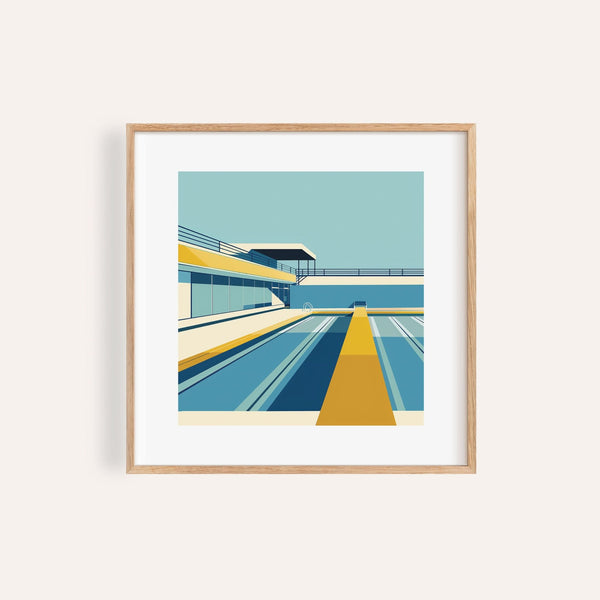 Stampa piscina ispirata al Bauhaus in blu e giallo per salotti moderni
