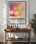 Poster colorato con ricetta a base di gin e limone, perfetto come decorazione accattivante per le pareti del bar