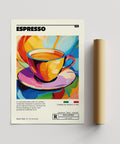 Poster colorato raffigurante una tazza di caffè con il marchio italiano "Espresso".