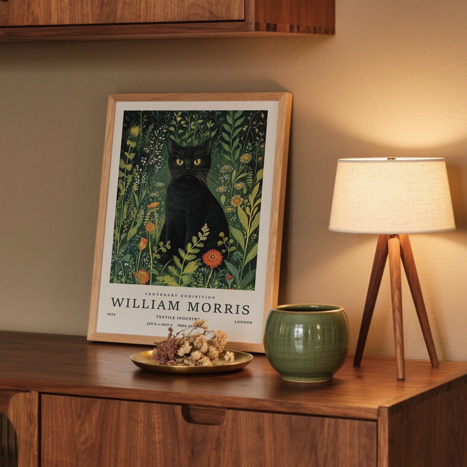 Opera d'arte incorniciata di William Morris raffigurante un gatto nero con fiori su una credenza in legno con una lampada e oggetti decorativi.