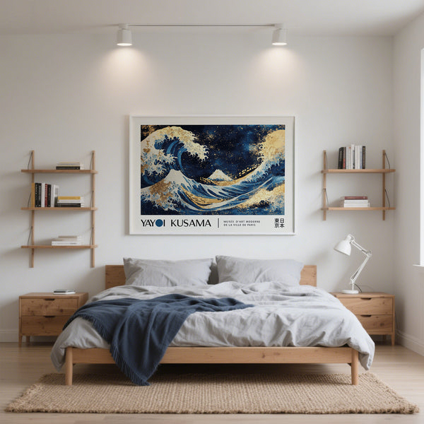 Quadro Ocean Wave ispirato a Yayoi Kusama sopra il letto