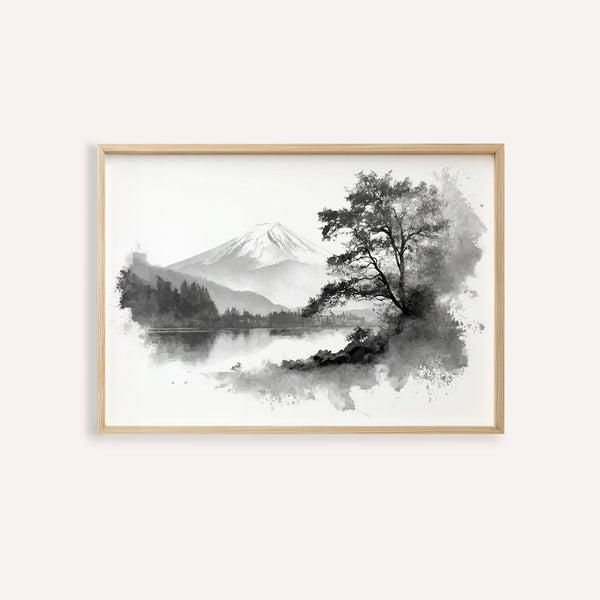 Stampa in bianco e nero di un paesaggio montano per decorare le pareti del soggiorno, prevalentemente grigio e nero