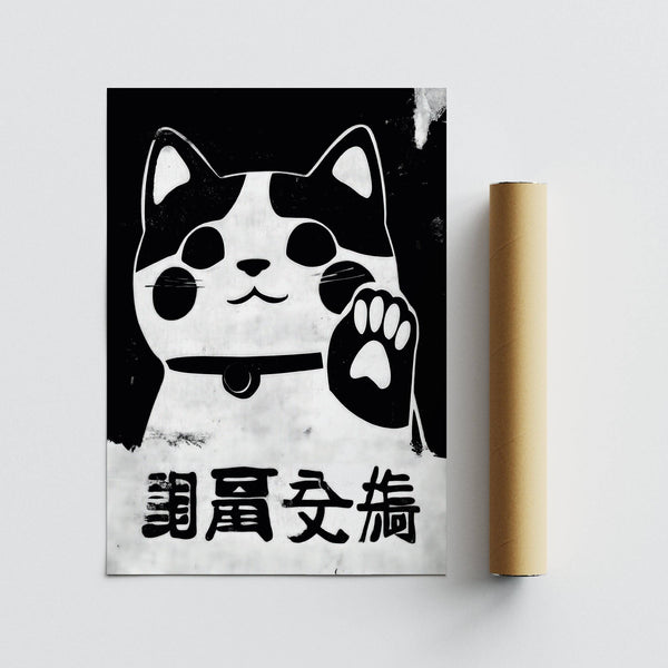 Maneki Neko bianco che saluta con la zampa, simbolo di purezza e felicità