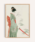 Acquerello giapponese raffigurante una donna in kimono che impugna una katana rossa, ideale per decorazioni d'interni audaci.
