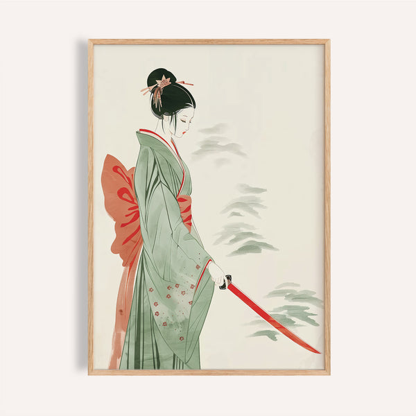 Acquerello giapponese raffigurante una donna in kimono che impugna una katana rossa, ideale per decorazioni d'interni audaci.