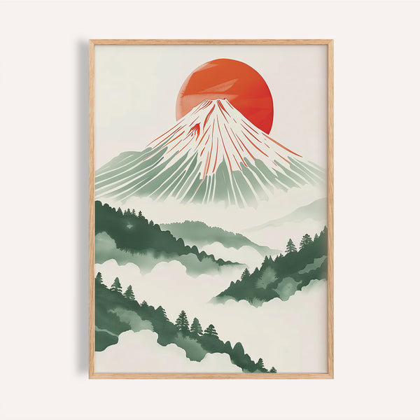 Stampa giapponese contemporanea raffigurante il Monte Fuji con sole rosso per soggiorno.