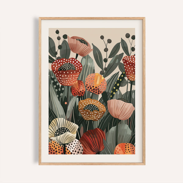 Stampa artistica con fiori di papavero dai toni terrosi con fiori rossi e crema per le pareti del soggiorno