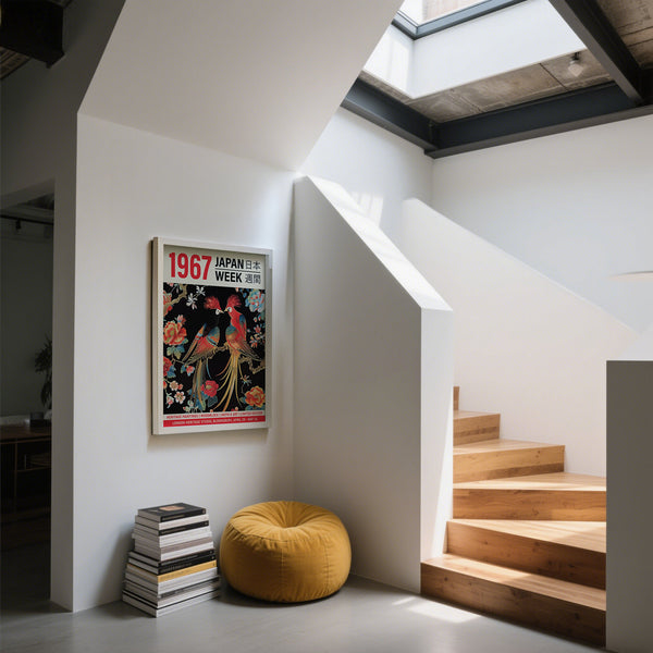 Area loft con Japan Week 1967 Wall Art raffigurante due uccelli esotici che si baciano