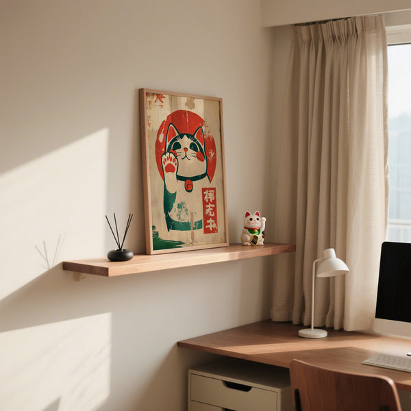 Poster con gatto portafortuna maneki-neko a tema prosperità per le pareti dell'ufficio