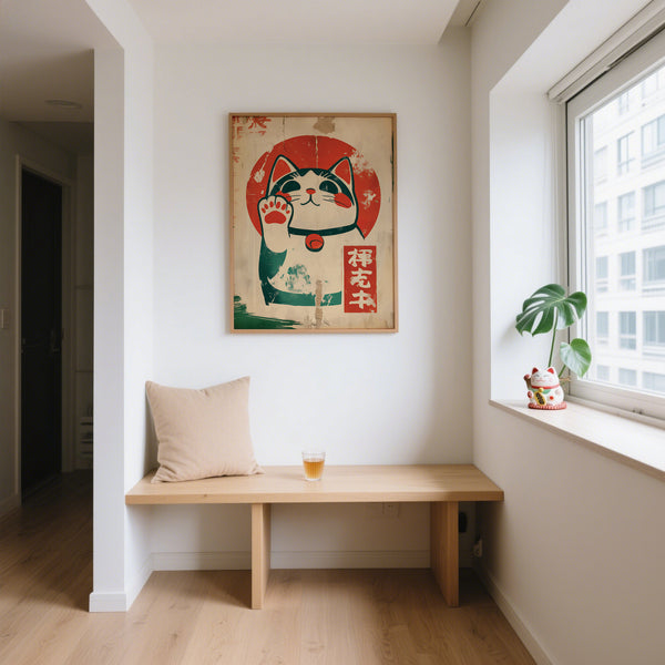 Stampa retrò con gatto portafortuna maneki-neko rosso e bianco per augurare buona fortuna