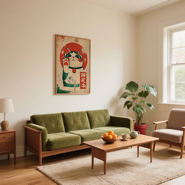 Poster con gatto Maneki Neko in stile retrò per decorazioni murali culturali