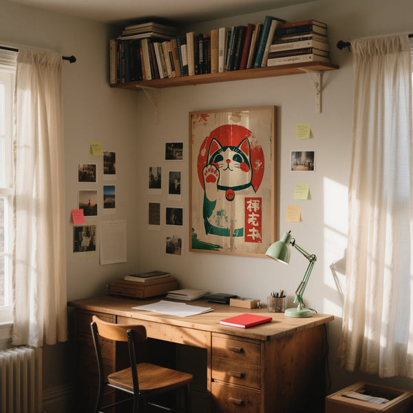 Stampa retrò Maneki-Neko con accenti rossi e verdi vivaci