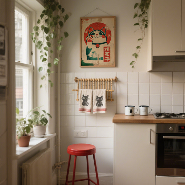 Poster Maneki-Neko in stile vintage con gatto portafortuna, con combinazione di colori rosso e verde