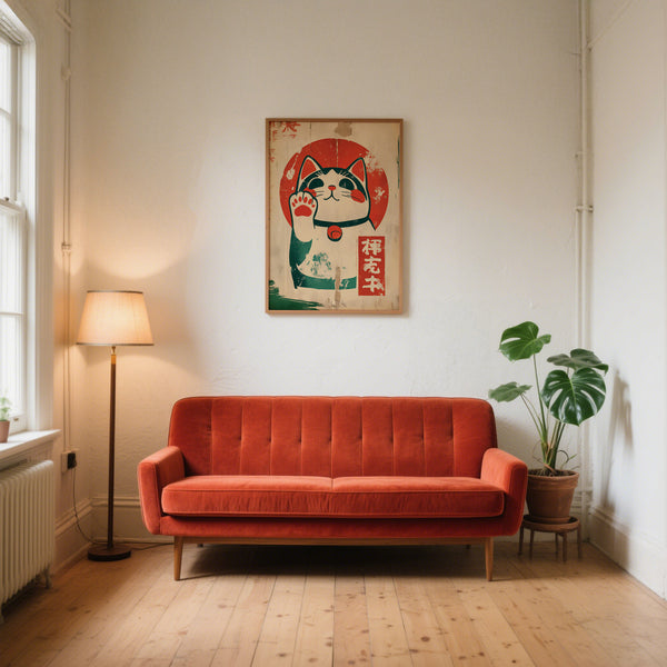 Quadro raffigurante il gatto portafortuna maneki-neko in un ambiente minimalista