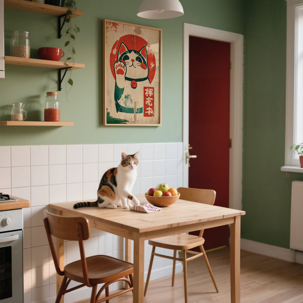 Illustrazione incorniciata del gatto portafortuna Maneki-Neko con texture invecchiata e design giapponese vintage