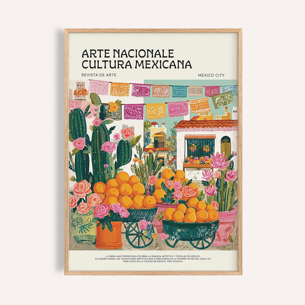 Colorata decorazione murale messicana per la cucina con arance e cactus in vasi dipinti a mano.