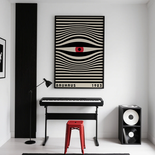 Splendida opera d'arte astratta con occhi psichedelici in stile minimalista in un appartamento minimalista