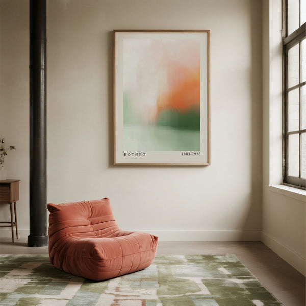 Quadro astratto rilassante con sfumature di verde pastello e pesca caldo.