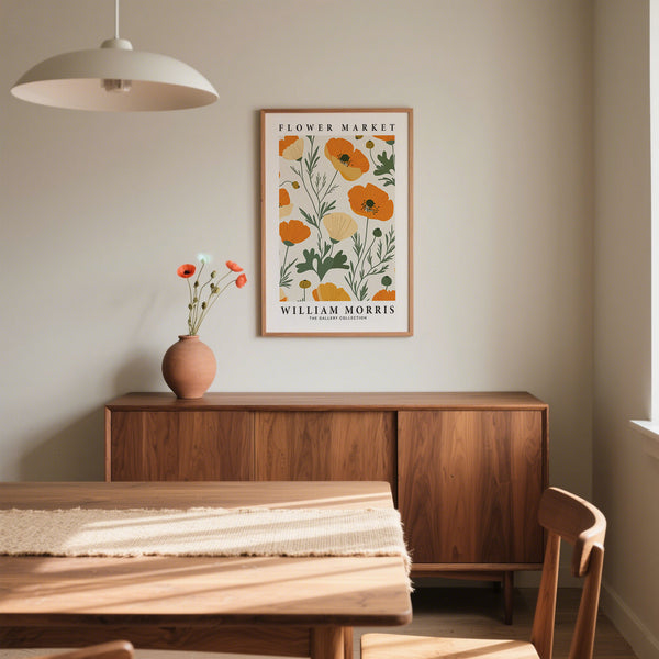 Stampa floreale arancione con papaveri ispirata all'arte botanica di William Morris