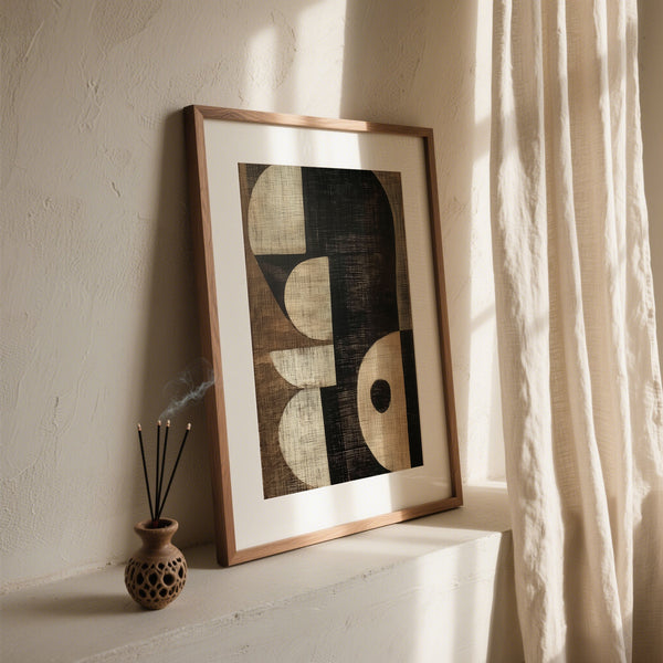 Pezzo da parete focale in audace stile geometrico con stampe artistiche wabi sabi