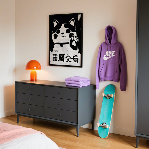 Opera d'arte simbolica raffigurante Maneki Neko, perfetta come regalo o da collezione