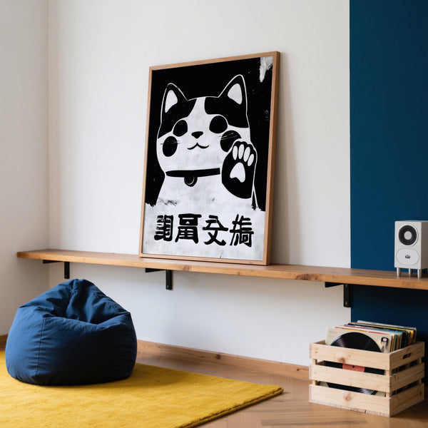 Stampa giapponese con Maneki Neko che simboleggia fortuna e prosperità