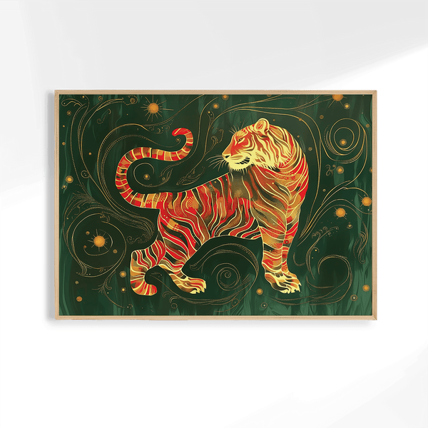 Decorazione murale orientale con stampa di una tigre dorata.