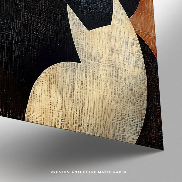 Primo piano di un'opera d'arte astratta raffigurante un gatto in stile wabi sabi