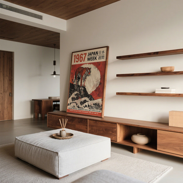 Stampa decorativa giapponese su blocco di legno con contrasti drammatici per decorazioni murali