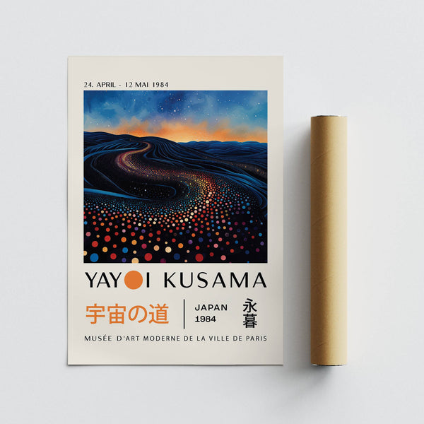 Stampa della stanza infinita di Yayoi Kusama con riflessi astratti vorticosi