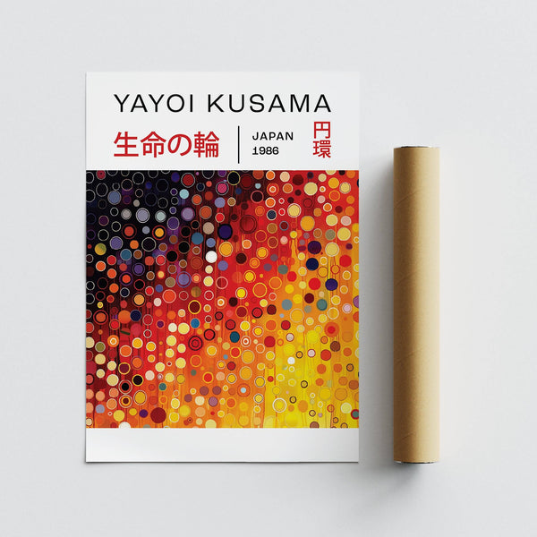 Stampa a pois Yayoi Kusama con composizioni geometriche colorate
