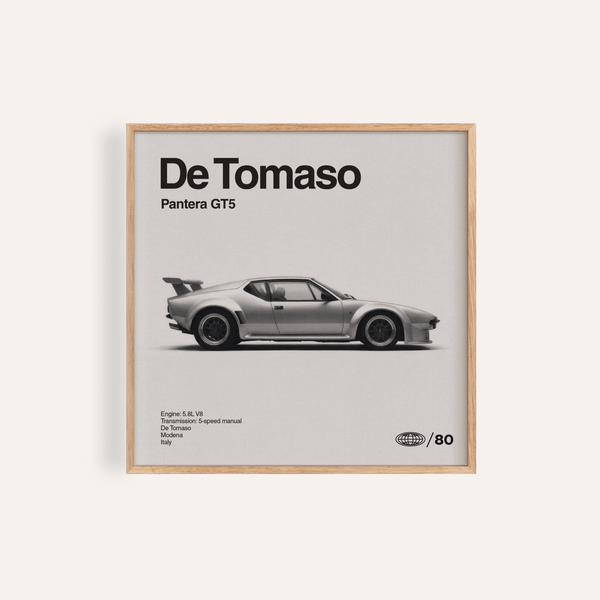 Stampa De Tomaso Pantera GT5 in grigio, nero e bianco, ideale per decorare le pareti di un ufficio